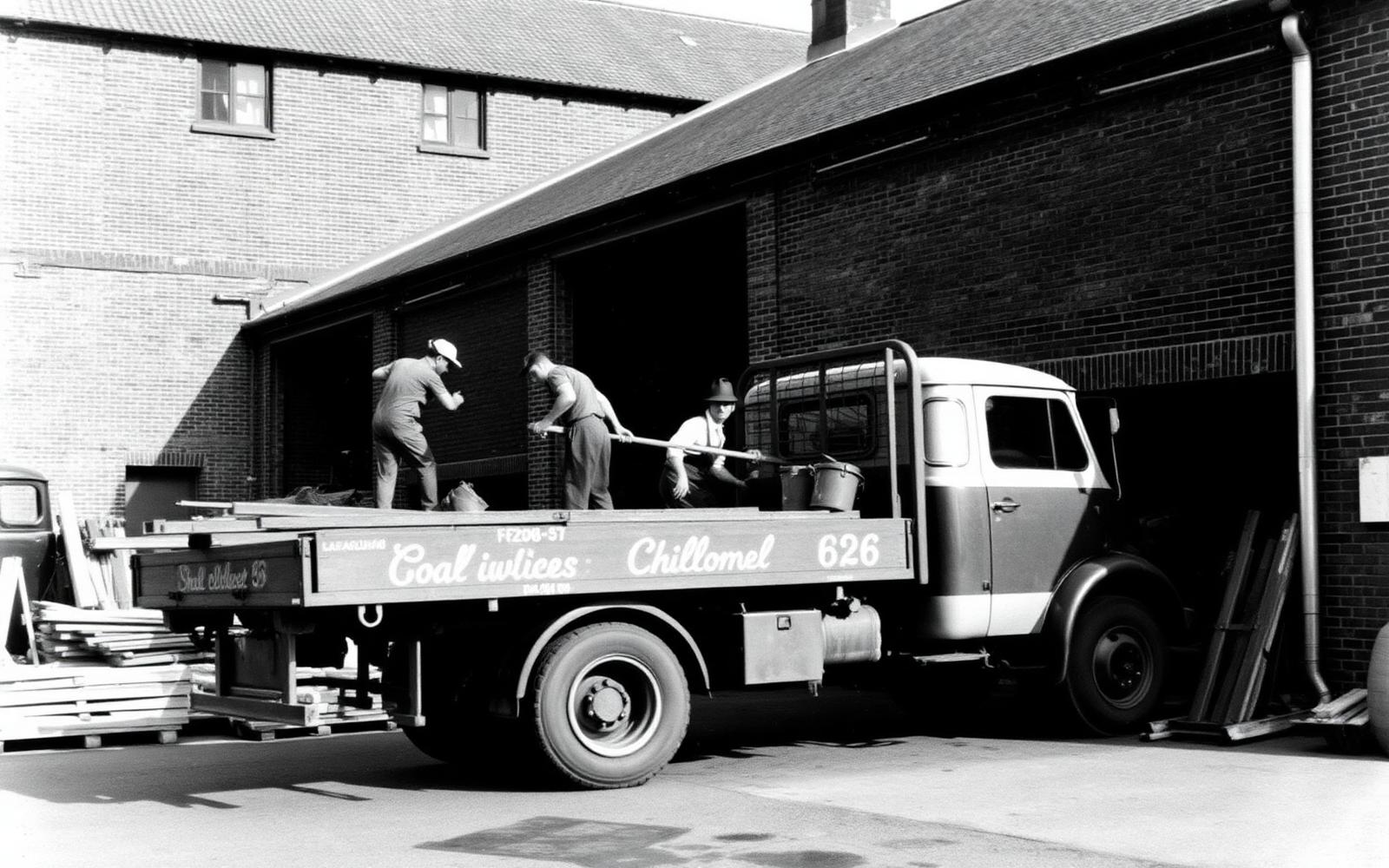 Archive photo: 1960s builders merchants yard with workers loading a flatbed