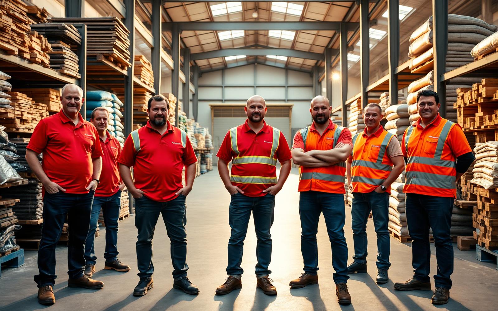 Redstone Trade branch team in red polos and hi-vis standing in a warehouse