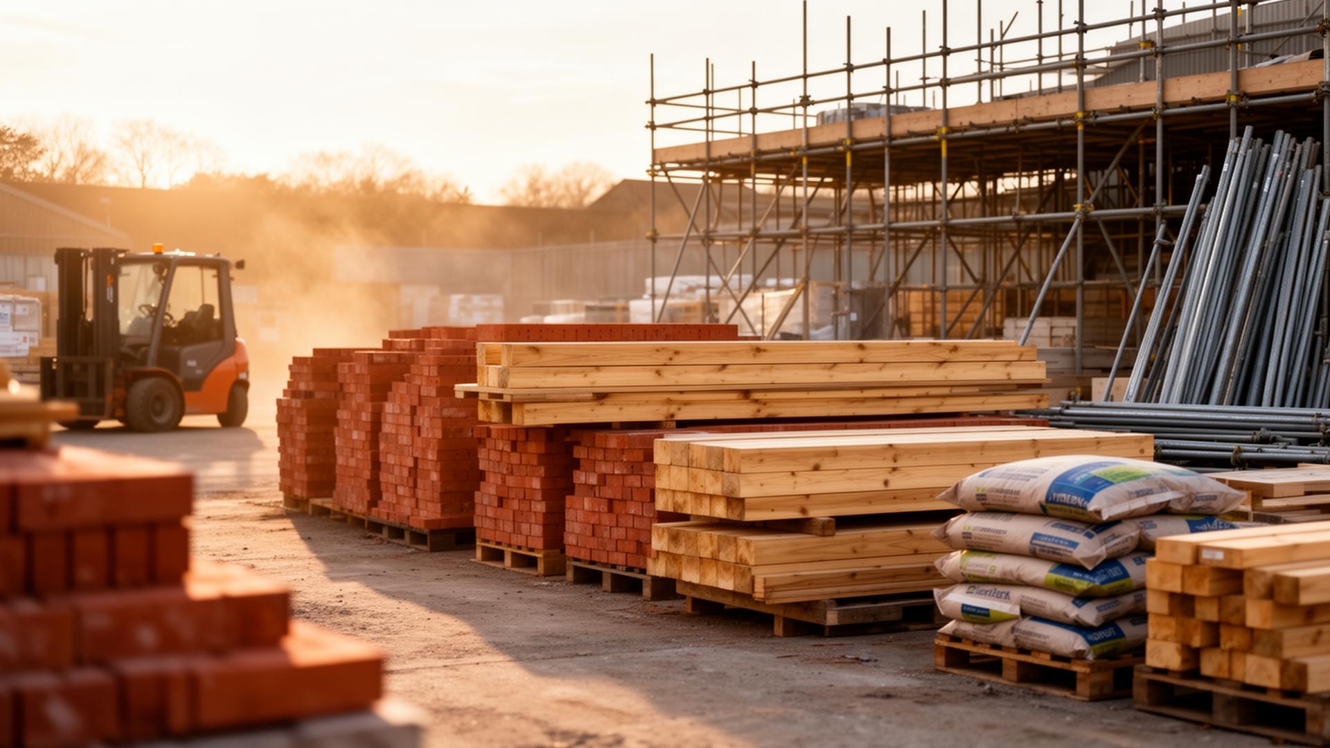 A UK builders merchants yard at golden hour — pallets of bricks, treated timber, cement and scaffolding